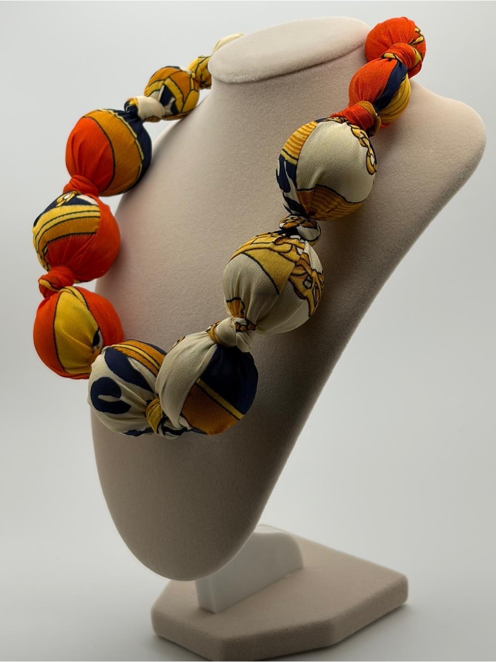 Vibrant Orange, Yellow & Navy Fabric Knot Bead Necklace